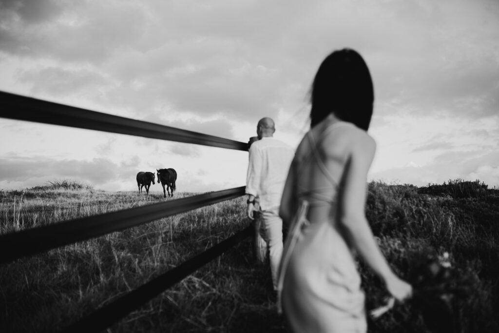 Singapore couple walking towards horses in a field during their Perth pre-wedding photoshoot, black and white image