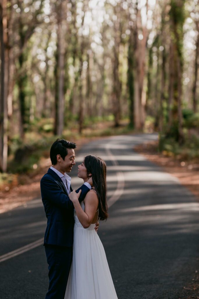 Wide Boranup Forest pre-wedding photograph beneath tall karri trees