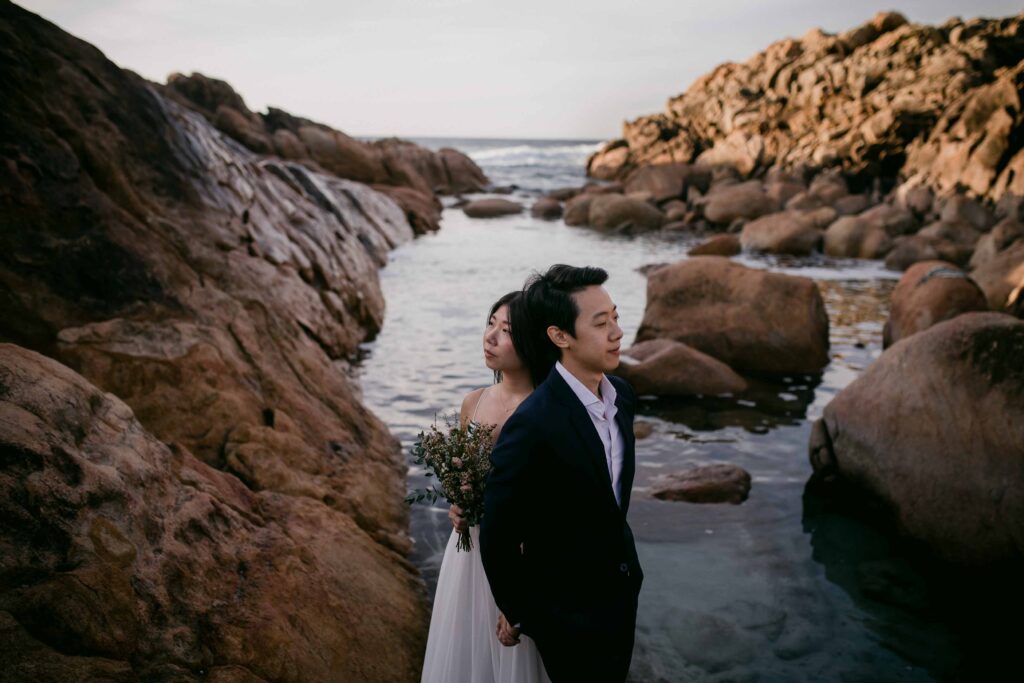 Injidup Natural Spa pre-wedding portrait overlooking the rugged coastline