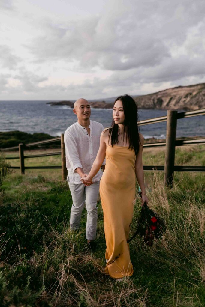 couple walking at Yallingup injidup spa pre-wedding session Margaret River