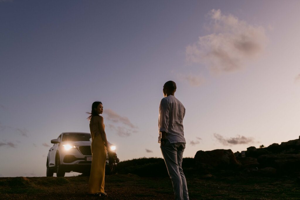 wide photo of couple returing o car at INjidup spa Yallingup