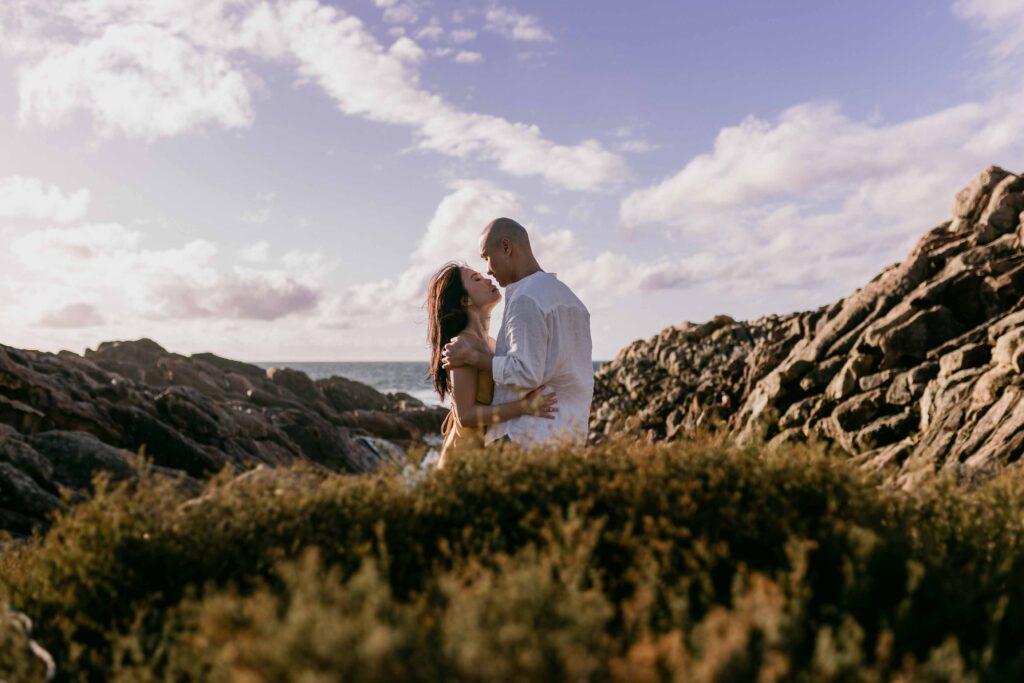 coupe embracing at Yallingup injidup spa pre-wedding session Margaret River
