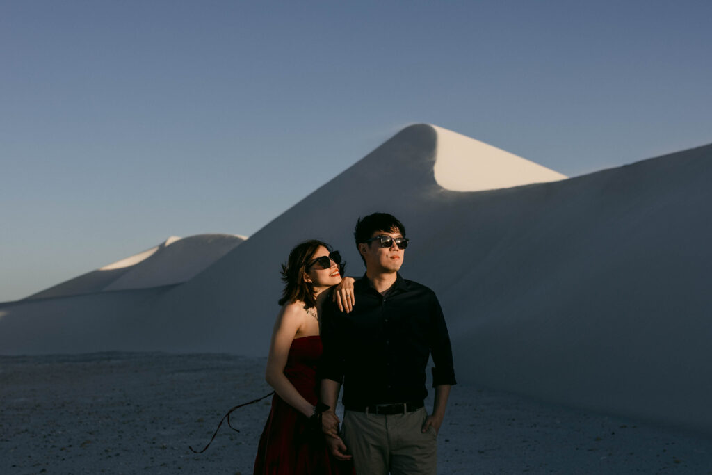 Editorial styles photo for their pre-wedding shoot in Lancelin Dunes