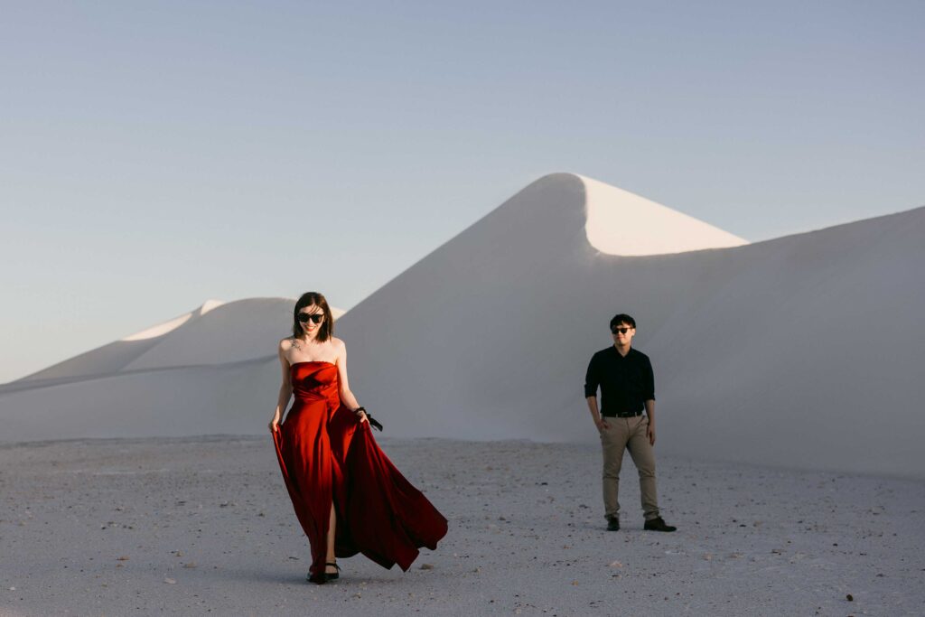 Cinematic portrait of Marco and Rachel during their Lancelin pre-wedding session