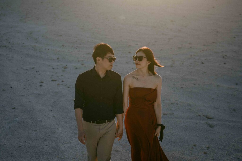 Marco and Rachel sharing a quiet moment at sunset during their Lancelin pre-wedding photoshoot