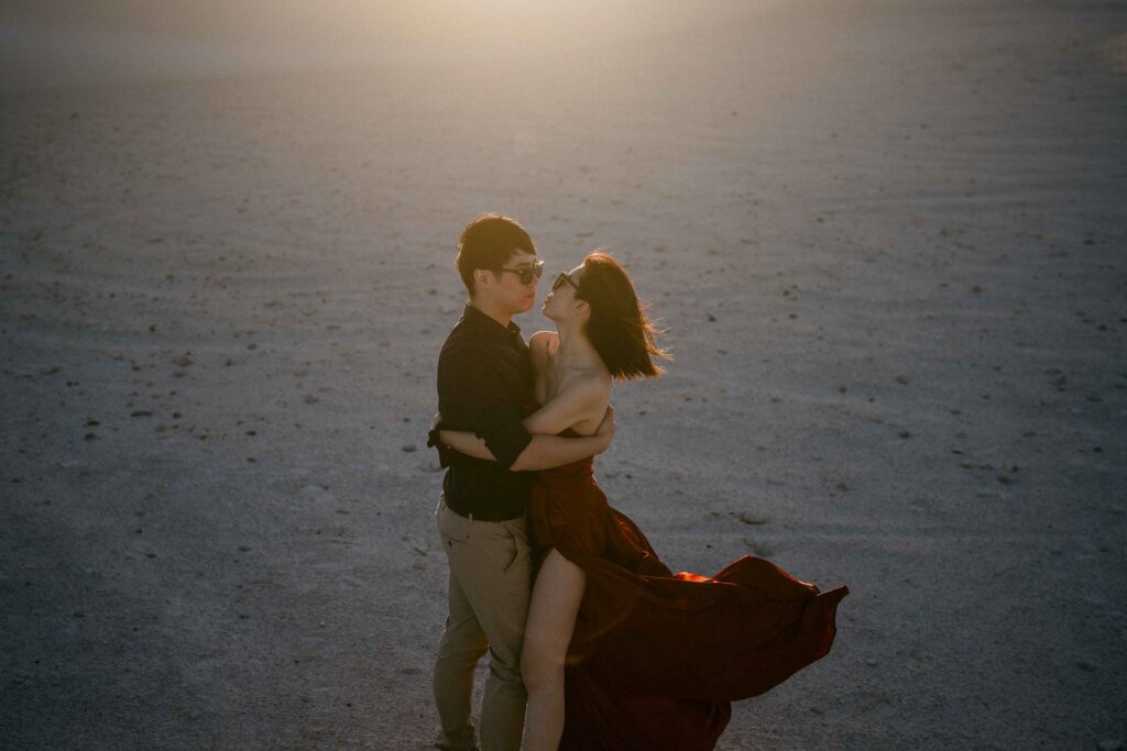 Marco and Rachel sharing a quiet moment at sunset during their Lancelin pre-wedding photoshoot
