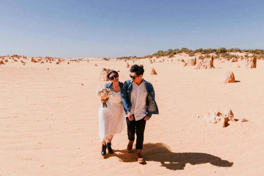 Marco and Rachel during their Pinnacles and Lancelin pre-wedding photoshoot in Western Australia