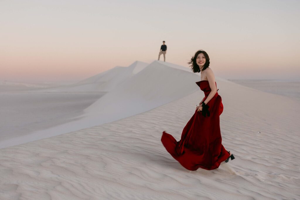 Sunset soft light cinematic portraits for the pre-wedding shoot in Lancelin