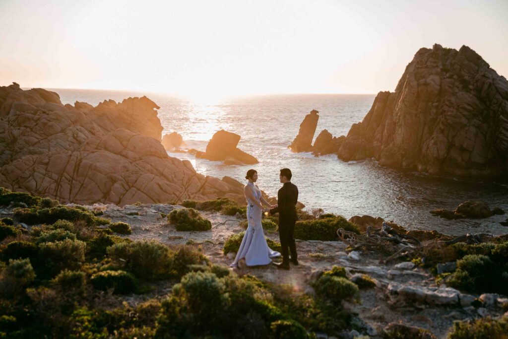 Sugarloaf Rock pre-wedding portrait of Alex and Bridget at sunset
