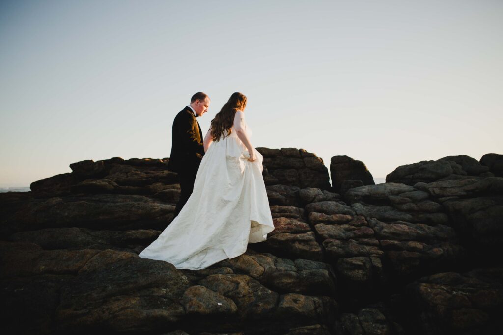 Sunset wedding portrait at the rock pools near Prevelly Margaret River