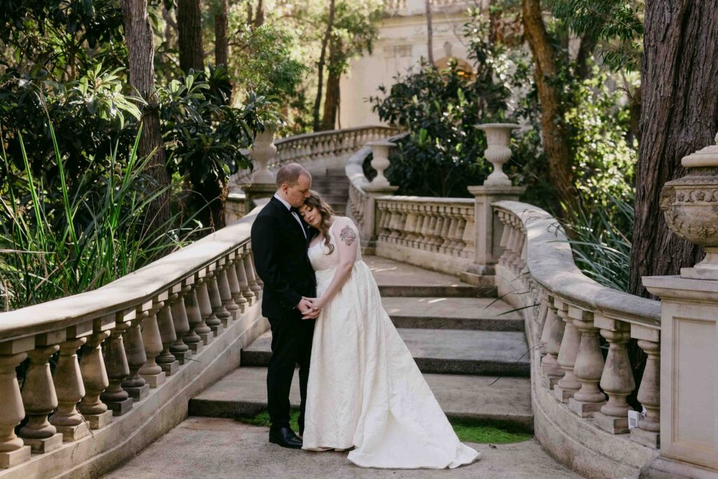 Bride and groom in the European-inspired gardens of La Forêt Margaret River