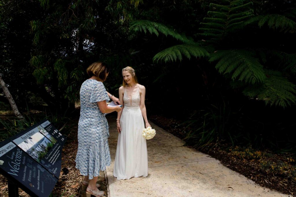 Bride entering her intimate wedding ceremony at Marlee Pavilion Kings Park