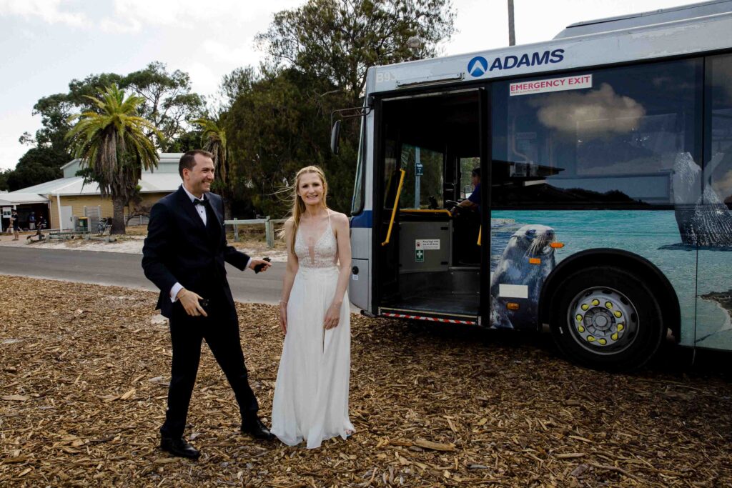 Newlyweds travelling around Rottnest Island in a private bus
