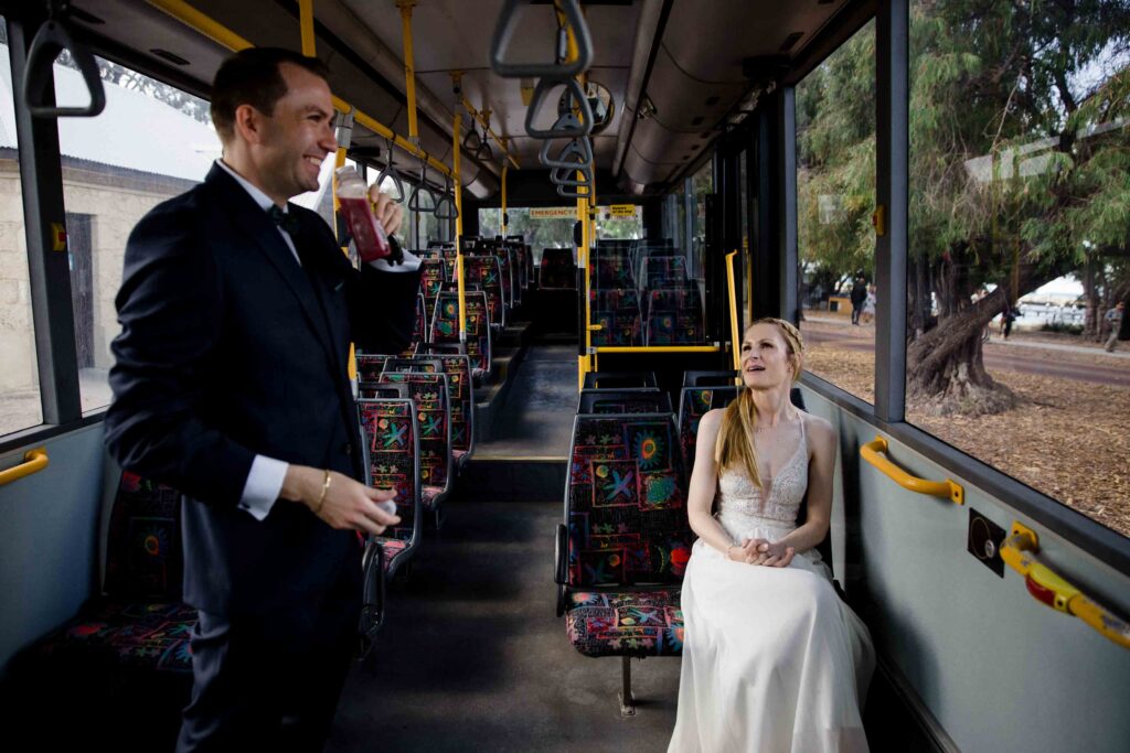 Newlyweds travelling around Rottnest Island in a private bus