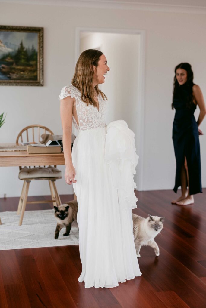 ride and groom including their cats in their wedding-morning photographs