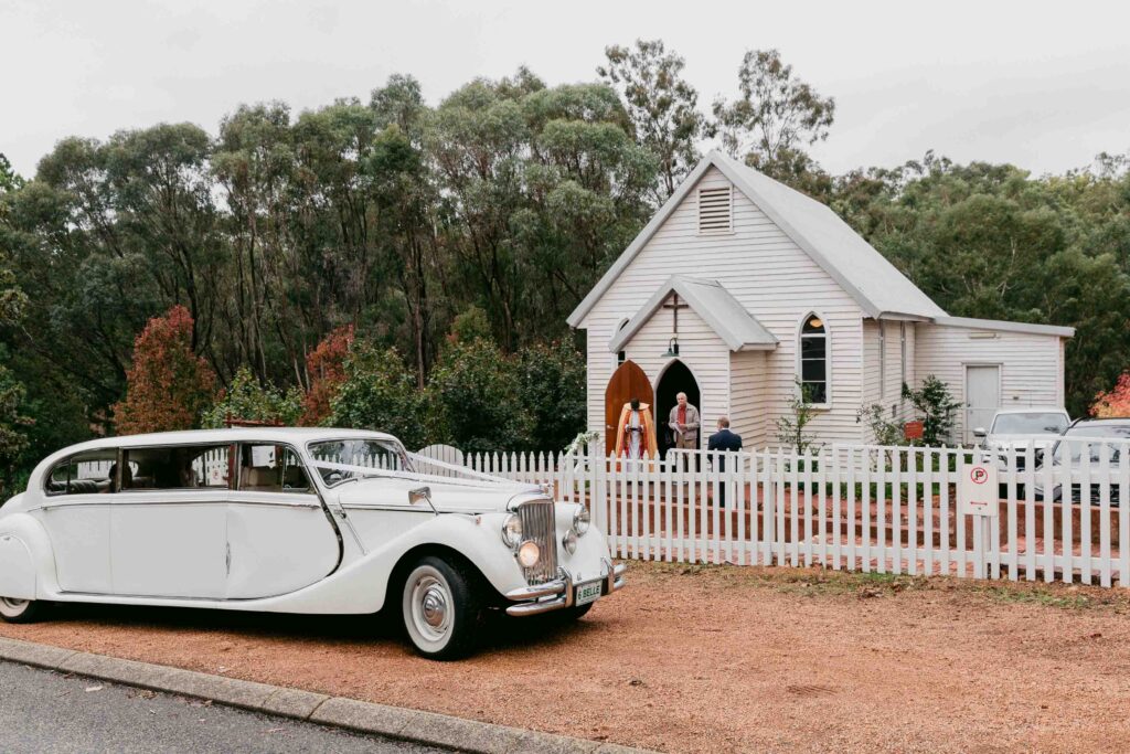 Bride arriving for her wedding at St Paul’s Anglican Church Jarrahdale