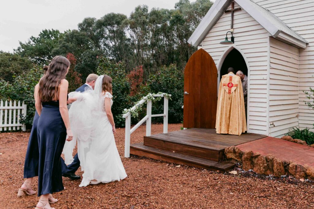Bride arriving for her wedding at St Paul’s Anglican Church Jarrahdale