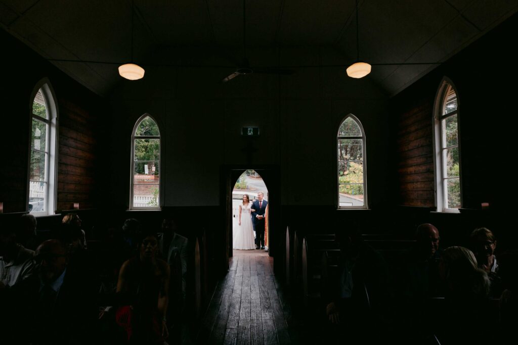 Bride getting ready to walk down the aisle at Jarrahdale Chapel