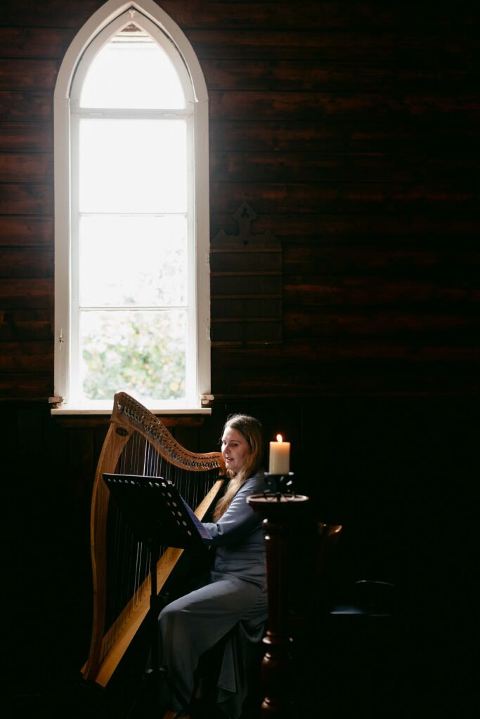 Harmony Sounds harpist performing at a St Paul’s Church Jarrahdale wedding