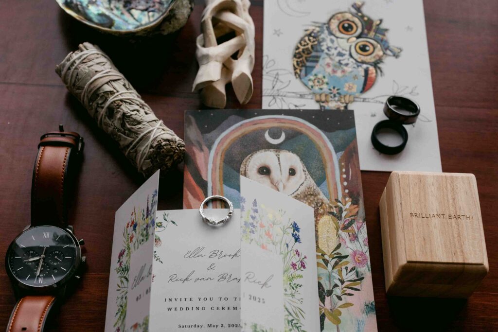 Lay flat with card owls rings and watch
