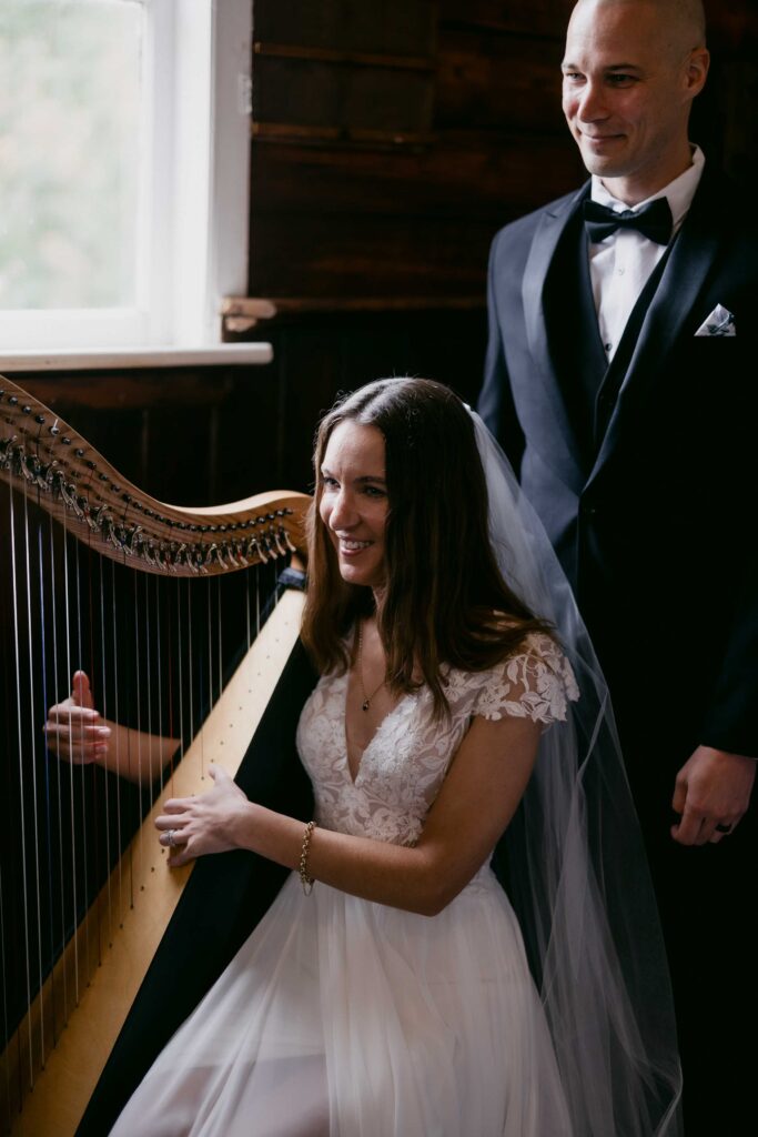 Bride and group with harp in window light dramatic photo