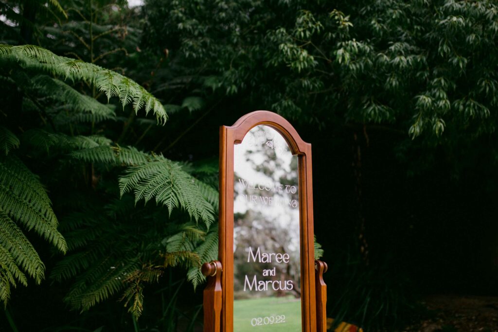 Maree pavillion wedding ceremony singnage mirror