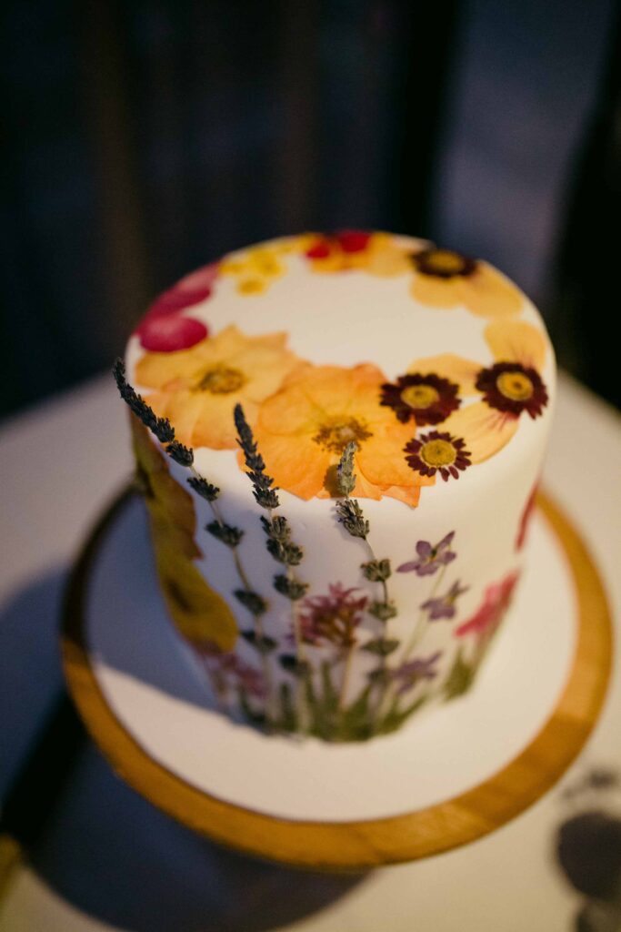 Wedding cake and details from an intimate Wildflower reception