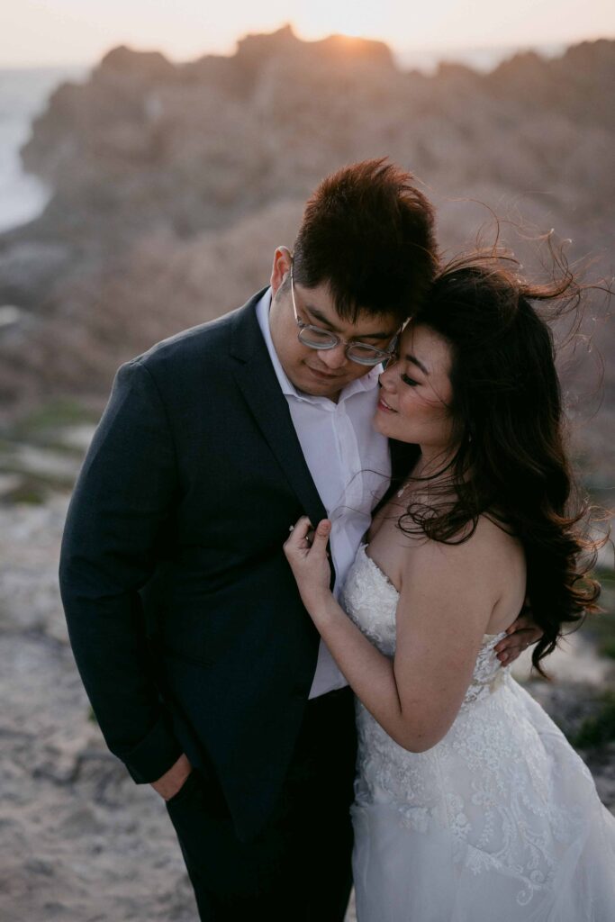Sunset over the Margaret River coastline during their pre-wedding shoot